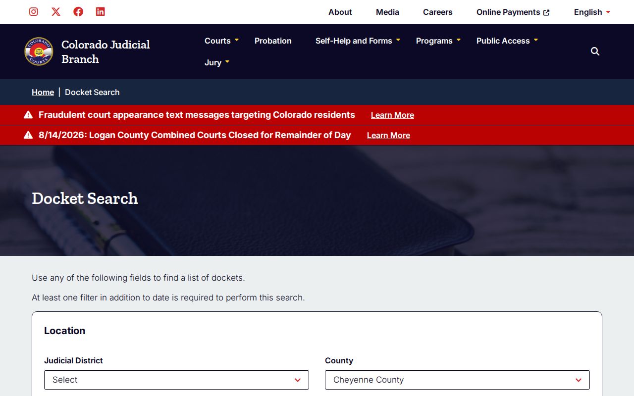 Park County court calendar filtered docket results