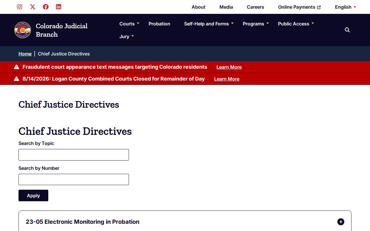 Park County court calendar Colorado judicial directives