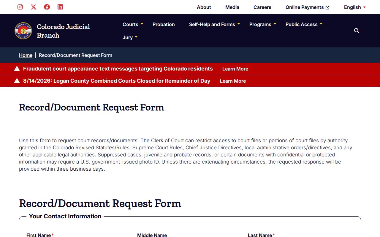 Park County civil docket record and document request form