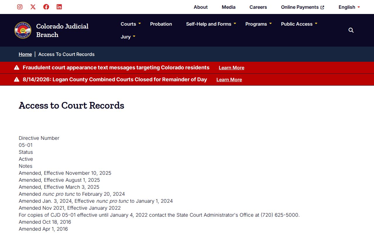 Park County criminal docket access directive page