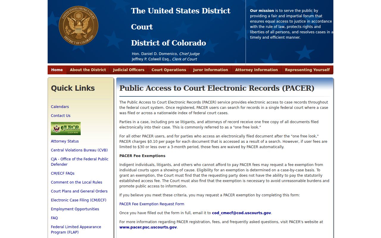 Park County federal court record route through District of Colorado PACER