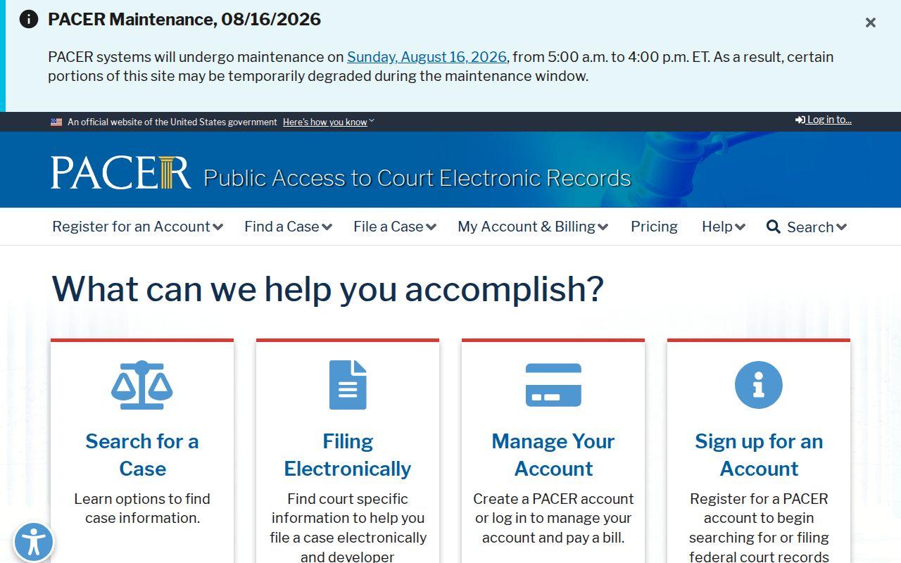 PACER home page for federal court records involving Park County