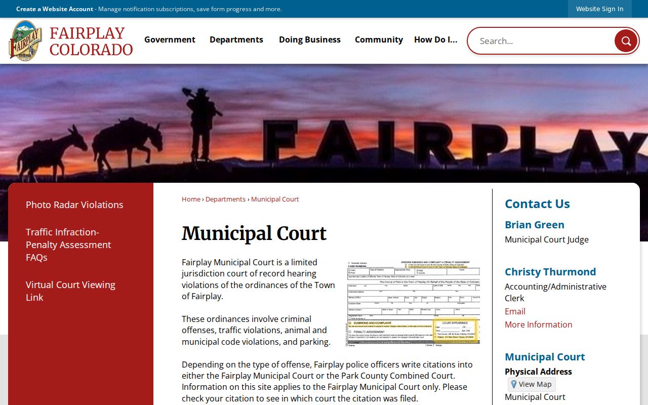 Fairplay Municipal Court page for Park County traffic court records